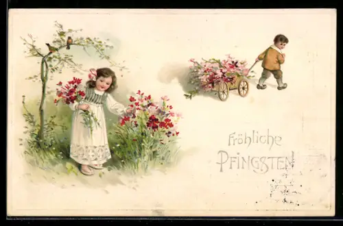 Präge-AK Kinder beim Sammeln von Blumen, Pfingstgruss