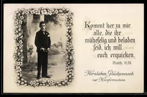 AK Junge im feinen Anzug und mit Bibel, Konfirmationsgruss