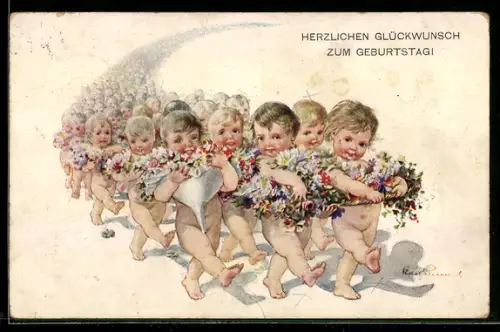 AK Kleinkinder mit Blumensträussen marschieren in einer Kolonne, Geburtstagsgruss