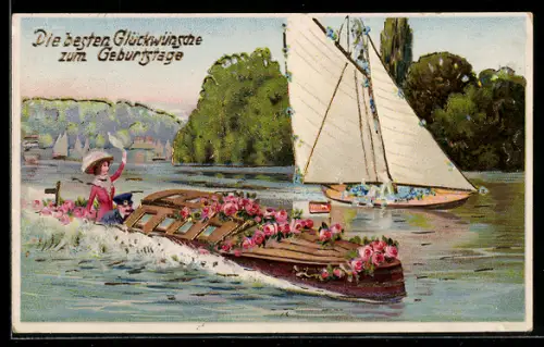 AK Pärchen auf einem mit Rosen geschmückten Schiff, Geburtstagsgruss