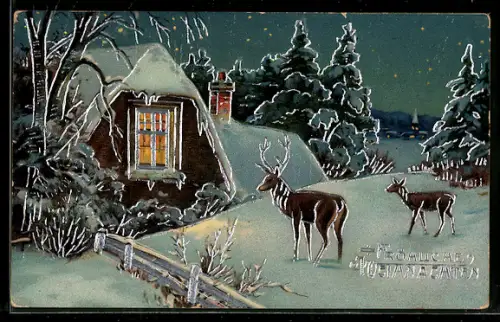 AK Rehe vor einem verschneiten Haus bei Nacht, Weihnachtsgruss
