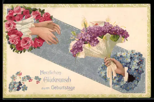 AK Blumensträusse werden überreicht, Rosen, Vergissmeinnicht, Veilchen, Geburtstagsgruss