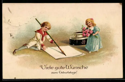 Künstler-AK Glückwünsche zum Geburtstag, Kinder schreiben einen Brief