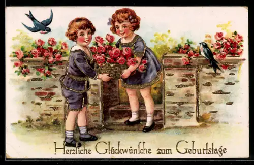 AK Kinder mit einem Korb voller Rosen, Geburtstagsgruss