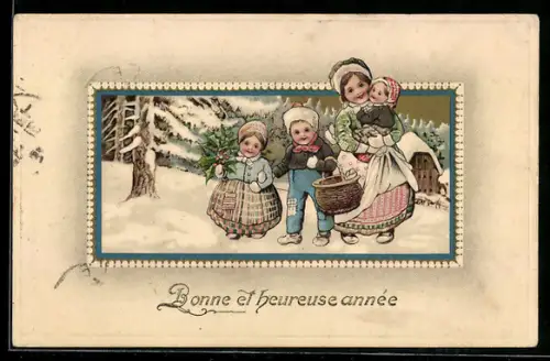 AK Mutter mit Kindern im Schnee, Bonne année