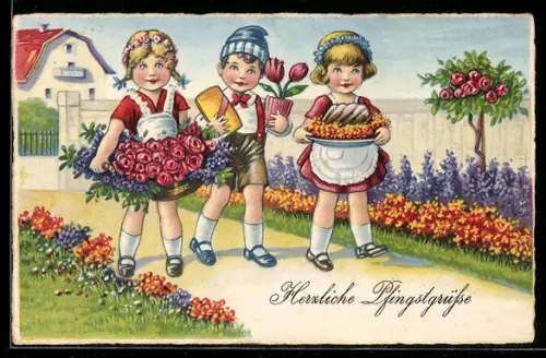 AK Kinder mit BLumenkorb voller Veilchen und Rosen, Pfingstgruss