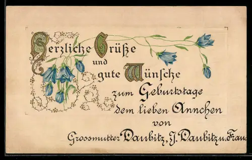 AK Blaue Blumen in unterschiedlichen Blütestadien, Geburtstagsgruss