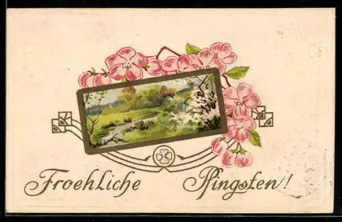 AK Idyllische Landschaftspartie mit Blumen umrahmt, Pfingstgruss