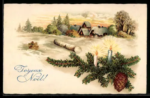 AK Verschneite Ortspartie und Kerzen auf Tannzweig, Weihnachtsgruss