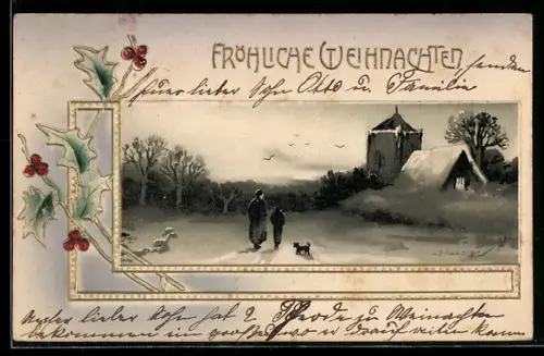 AK Verschneite Ortspartie mit Kirche und Stechpalmenzweigen im Passepartout, Weihnachtsgruss