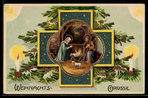 AK Krippenszene mit Lämmchen und Jesuskind, Weihnachtsgruss
