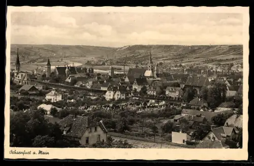 AK Ochsenfurt a. Main, Ortsansicht mit Kirche und Fernblick auf den Main