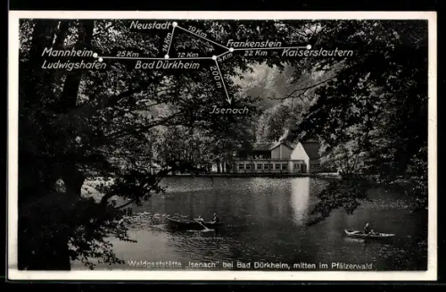 AK Bad Dürkheim /Pfälzerwald, Gasthaus Isenach, Inh. Helmuth Bergner, Ansicht vom Weiher