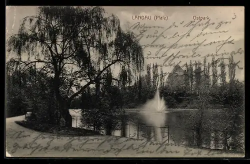 AK Landau /Pfalz, Ostpark, Springbrunnen, Bäume