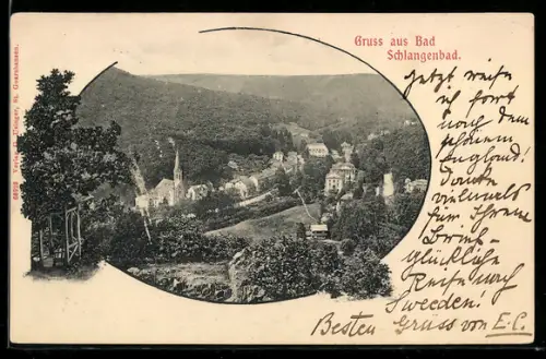 AK Bad Schlangenbad, Ortsansicht mit Kirche vom Berghang aus