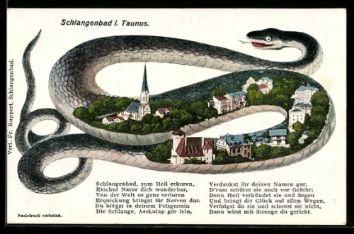 AK Schlangenbad i. Taunus, Ortsansicht mit Kirche und umliegenden Gebäuden in Schlangendarstellung
