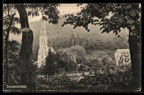 AK Schlangenbad, Kirche und Kurhaus vom Landgrafen-Platz aus