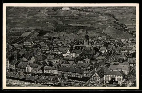 AK Rüdesheim a. Rhein, Ortsansicht mit Kirche und Jugendherberge, Fliegeraufnahme
