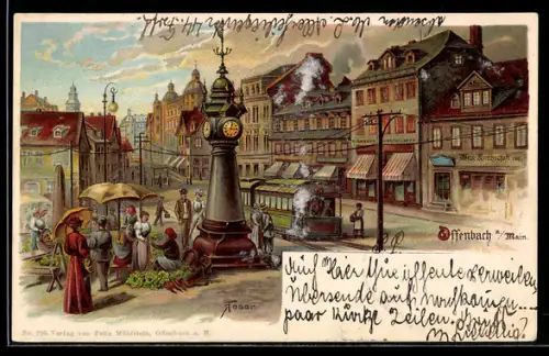 Lithographie Offenbach a. Main, Strassenpartie mit Gasthaus und Strassenbahn