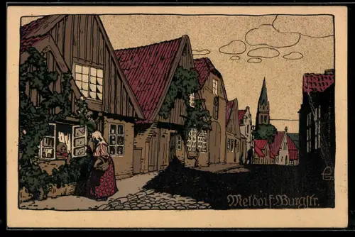 Steindruck-AK Meldorf, Burgstrasse mit Kirche