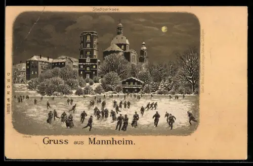 Winter-Lithographie Mannheim, Stadtsparkasse und Eisbahn bei Mondschein