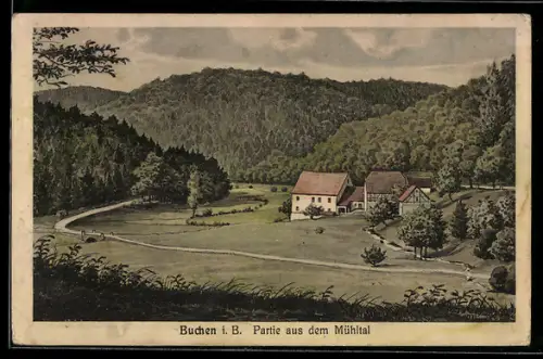 Künstler-AK sign. Hans Pernat: Buchen i. B., Partie aus dem Mühltal