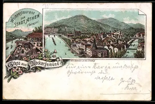Lithographie Neckargemünd, Weinrestaurant zur Stadt Athen, Terrasse, Teilansicht