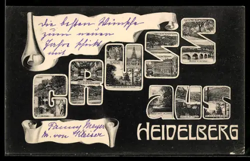 Grusskarten-AK Heidelberg, Schriftzug mit Otto Heinrichsbau, Universitäts-Bibliothek und Innenansicht der Aula