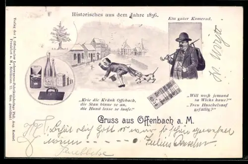 Lithographie Offenbach a. M., Hund schnappt Mann auf der Strasse, Wanderer, Sektflaschen