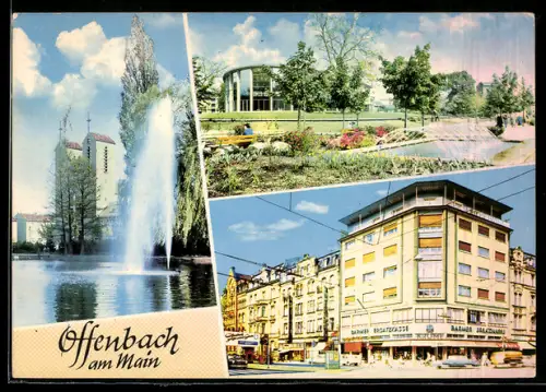 AK Offenbach am Main, Geschäftsfront mit Barmer Filiale, Josefskirche und Stadtbad