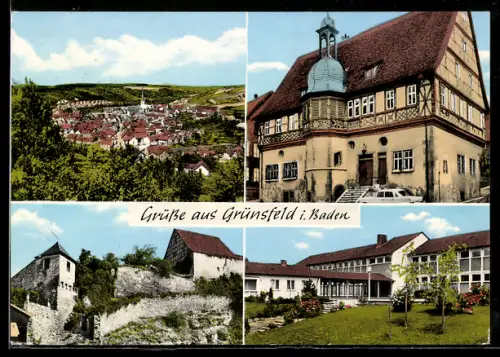 AK Grünsfeld i. Baden, Burg, Rathaus, Schule