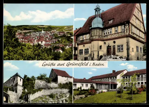 AK Grünsfeld i. Baden, Burg, Rathaus, Schule