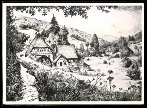 Künstler-AK Allemühl, Darstellung der Herboldsmühle