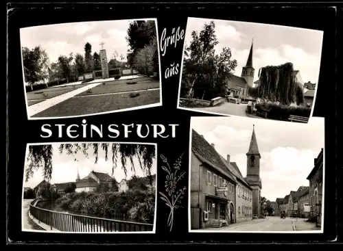 AK Steinsfurt, Kirche und Bäckerei, Denkmal, Uferpartie