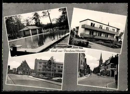 AK Viernheim /Hessen, Strassenpartie mit Geschäften, Pension, Schwimmbecken