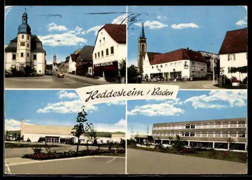 AK Heddesheim /Baden, Strassenpartie mit Geschäften, Kirche, Strassenpartie