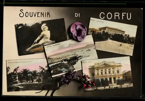 AK Corfu, Le Palais Royal, Le Théatre, Achilleon, Vue panoramique