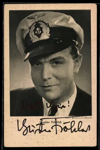 AK Schauspieler Gustav Fröhlich mit Kapitänsmütze, Autograph