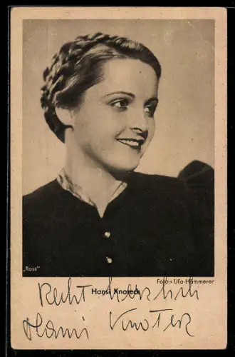 AK Schauspielerin Hansi Knoteck mit toller Frisur zur Seite schauend, Autograph