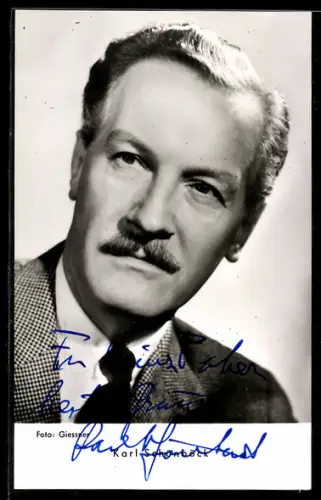 AK Schauspieler Karl Schönböck mit Schnurrbart, Autograph