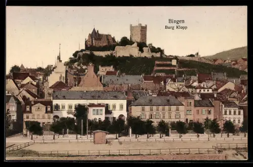 AK Bingen, Hafenstrasse und Burg Klopp