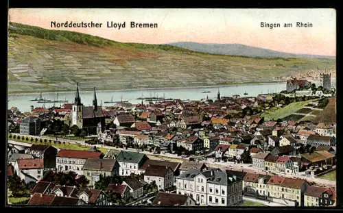 Künstler-AK Bingen am Rhein, Teilansicht mit Kirche