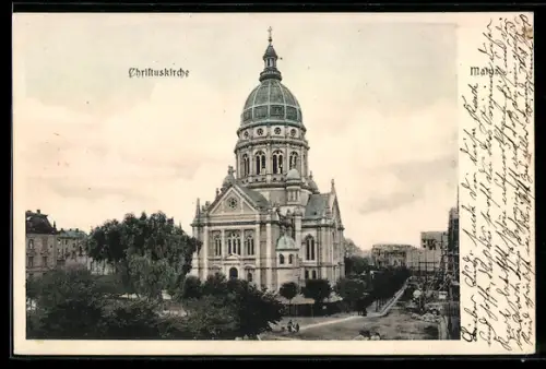 AK Mainz, Christuskirche mit Strassenpartie