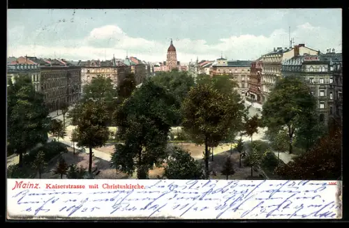 Lithographie Mainz, die Christuskirche in der Kaiserstrasse