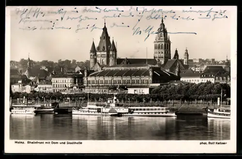 AK Mainz, Rheindampfer am Hafen, Dom und Stadthalle