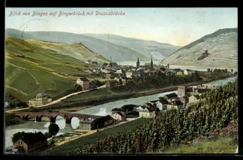 AK Bingerbrück, Blick von Bingen auf den Ort mit Dususbrücke