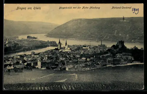 AK Bingen am Rhein, Bingerbrück mit der Nahe-Mündung und National-Denkmal