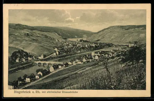 AK Bingerbrück, Ortsansicht mit altrömischer Drususbrücke