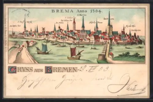 Lithographie Bremen, Stadtansicht Anno 1564, Hafen, Dom