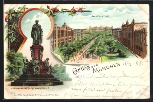 Lithographie München, Denkmal des Königs Maximillian, Maximillianstrasse